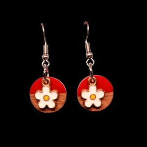 Cute Flower Charm With Wood And Resin Drop Earrings